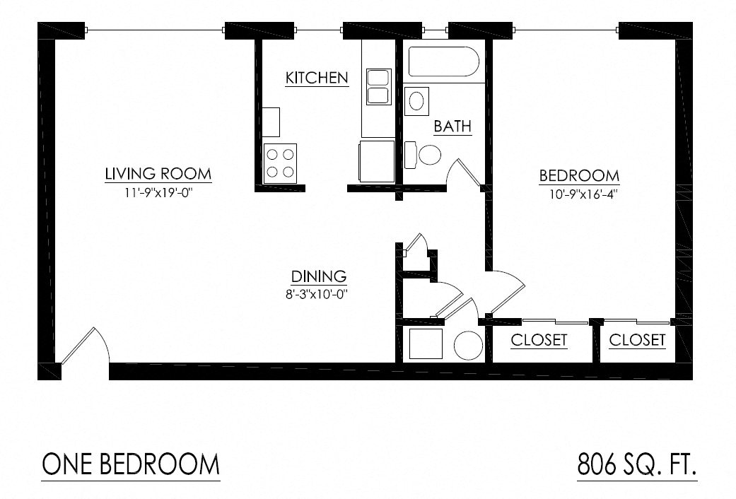 Floor plan for 1 bed, 1 bath, 806 sqft